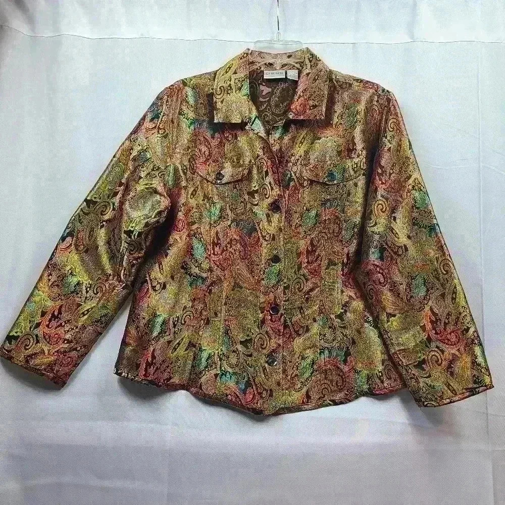 Chico's Vintage Paisely Pattern Colorful Metallic Button Down Shirt Women's 9